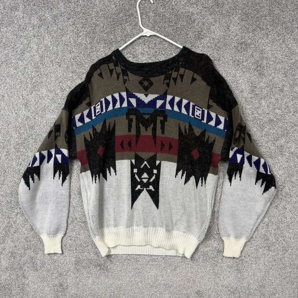 Vintage 80s 90s St Johns Bay Sweater L Aztec Tribal Western Gothic Grandpacore